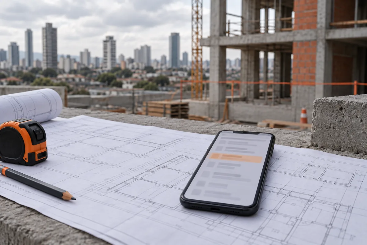 Celular sobre uma planta mostrando uma lista de resultados de busca, com um resultado em destaque