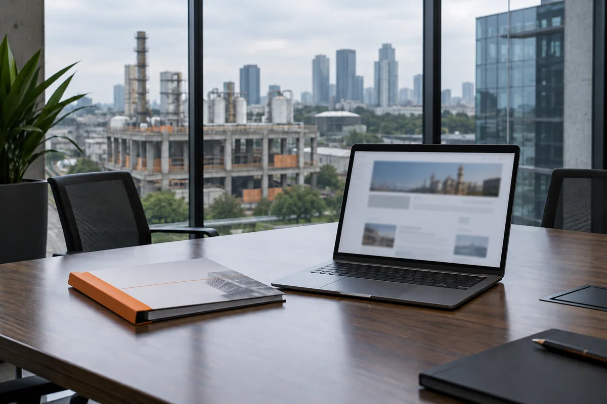 Mesa de reunião com notebook e pasta de capa laranja, com uma área industrial ao fundo