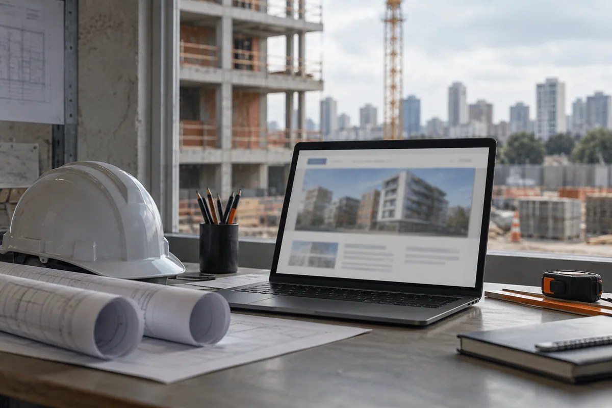 Notebook aberto com o site de uma construtora na tela, sobre a mesa do escritório de obra